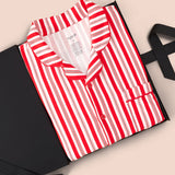 Men's Long Sleeve Pajama Set in red and white Peppermint Stripes print packed in a box on a beige background