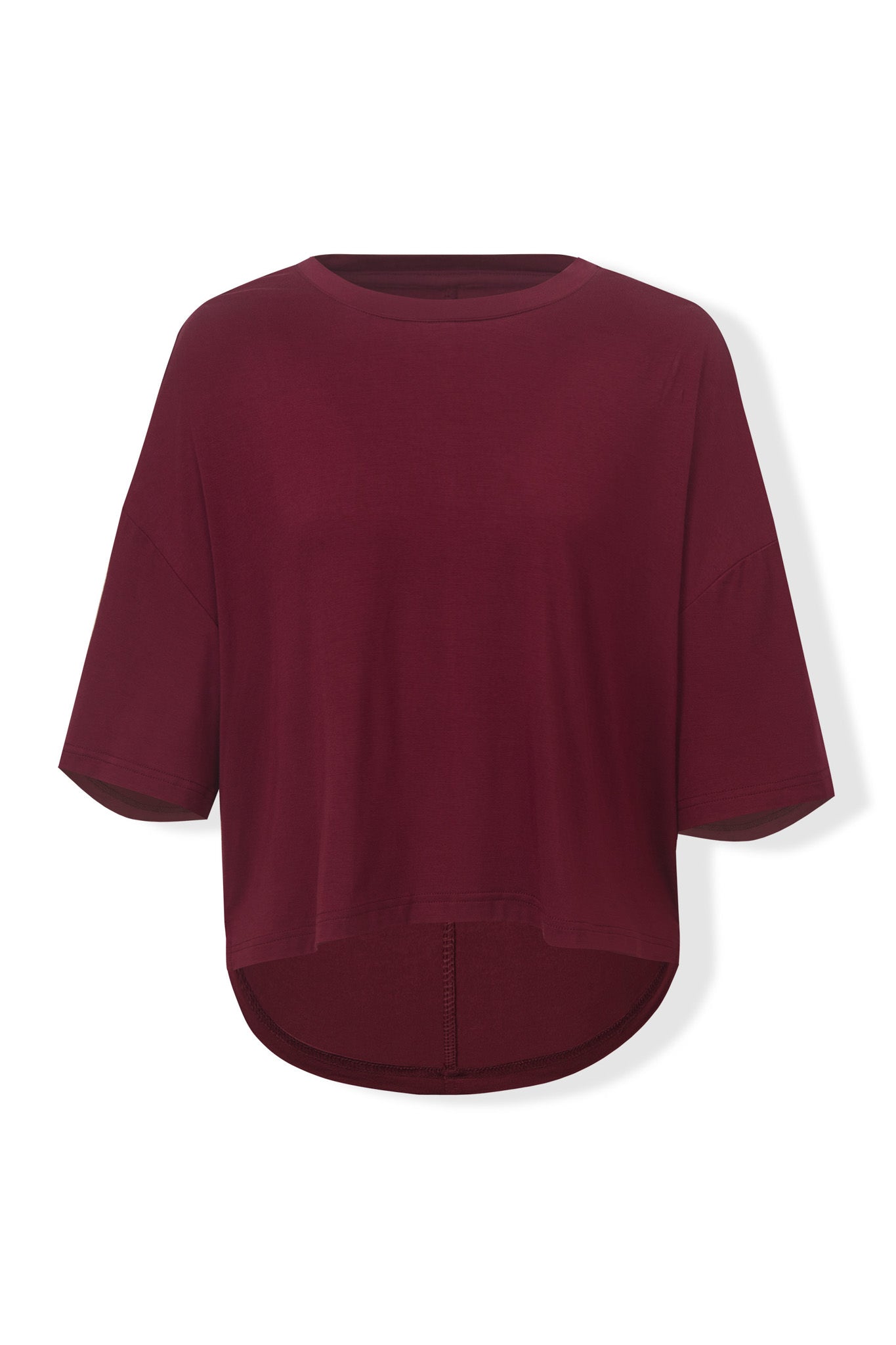 Front view of Women's Short Sleeve Boxy Tee in Burgundy on a white background