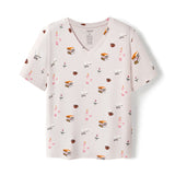 Beige Women's Relaxed Fit V-Neck with Book Club print on a white background