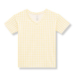 woman's v-neck in a checkered yellow pattern on a white background