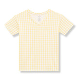 woman's v-neck in a checkered yellow pattern on a white background
