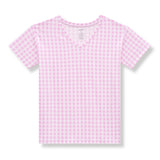 Women's v-neck in a light purple checkered pattern on a white background