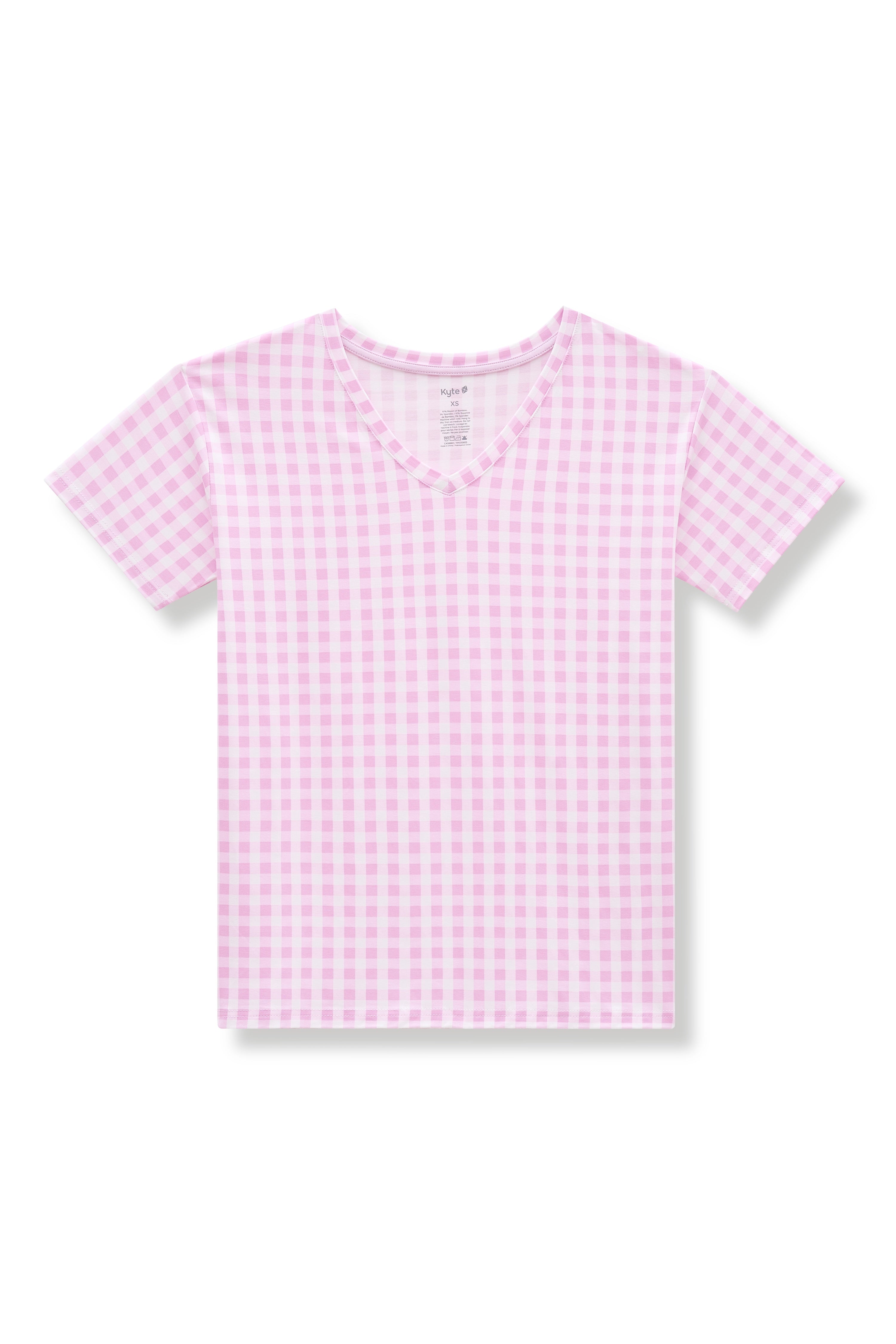 Women's v-neck in a light purple checkered pattern on a white background