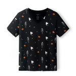 Black Women's Relaxed Fit V-Neck in Halloween Friends print on a white background