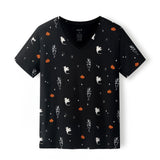 Black Women's Relaxed Fit V-Neck in Halloween Friends print on a white background