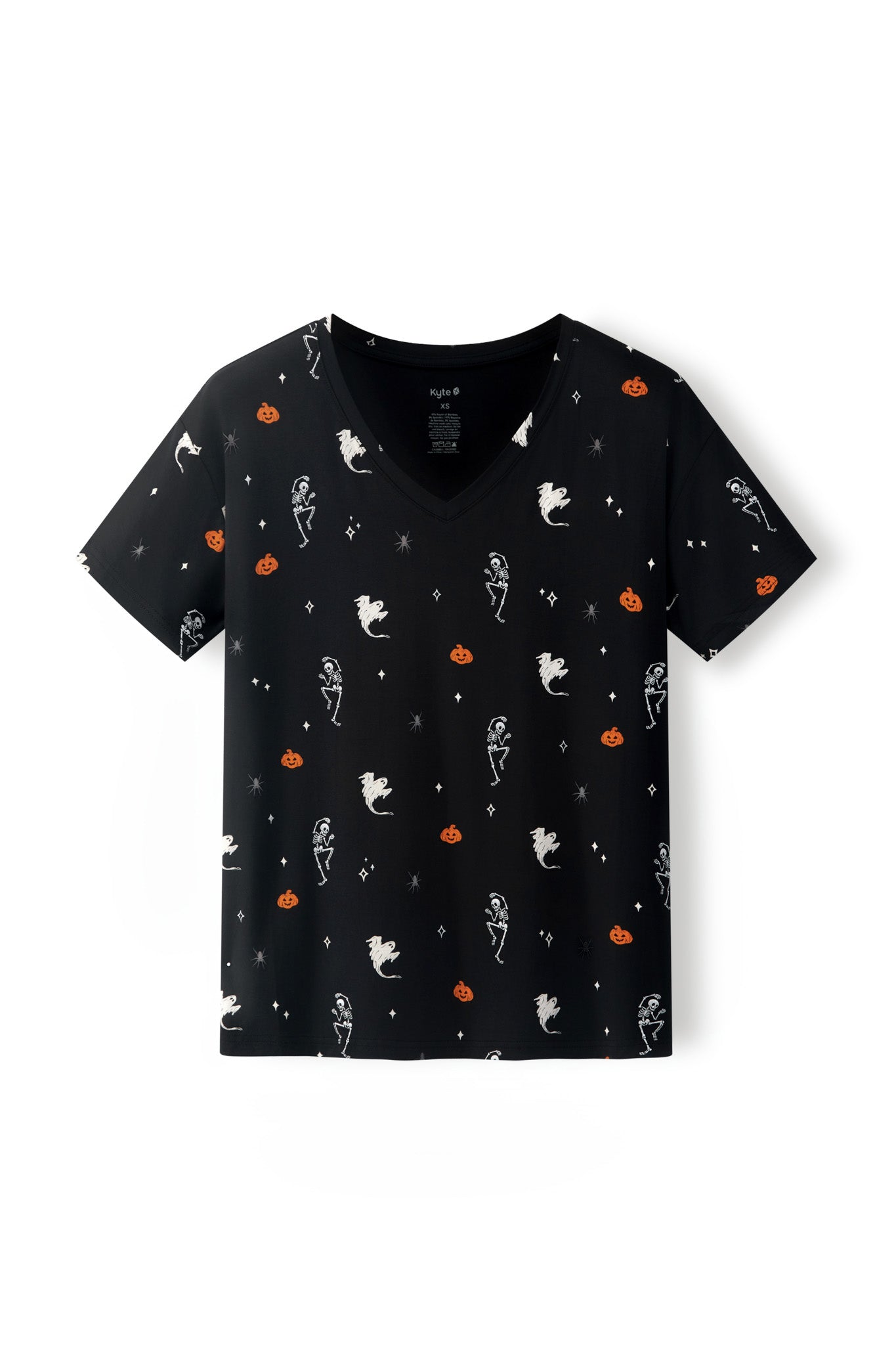 Black Women's Relaxed Fit V-Neck in Halloween Friends print on a white background