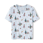 Women's Oversized V-Neck Tee in Mickey & Friends Christmas print on a white background