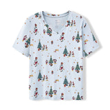 Women's Oversized V-Neck Tee in Mickey & Friends Christmas print on a white background