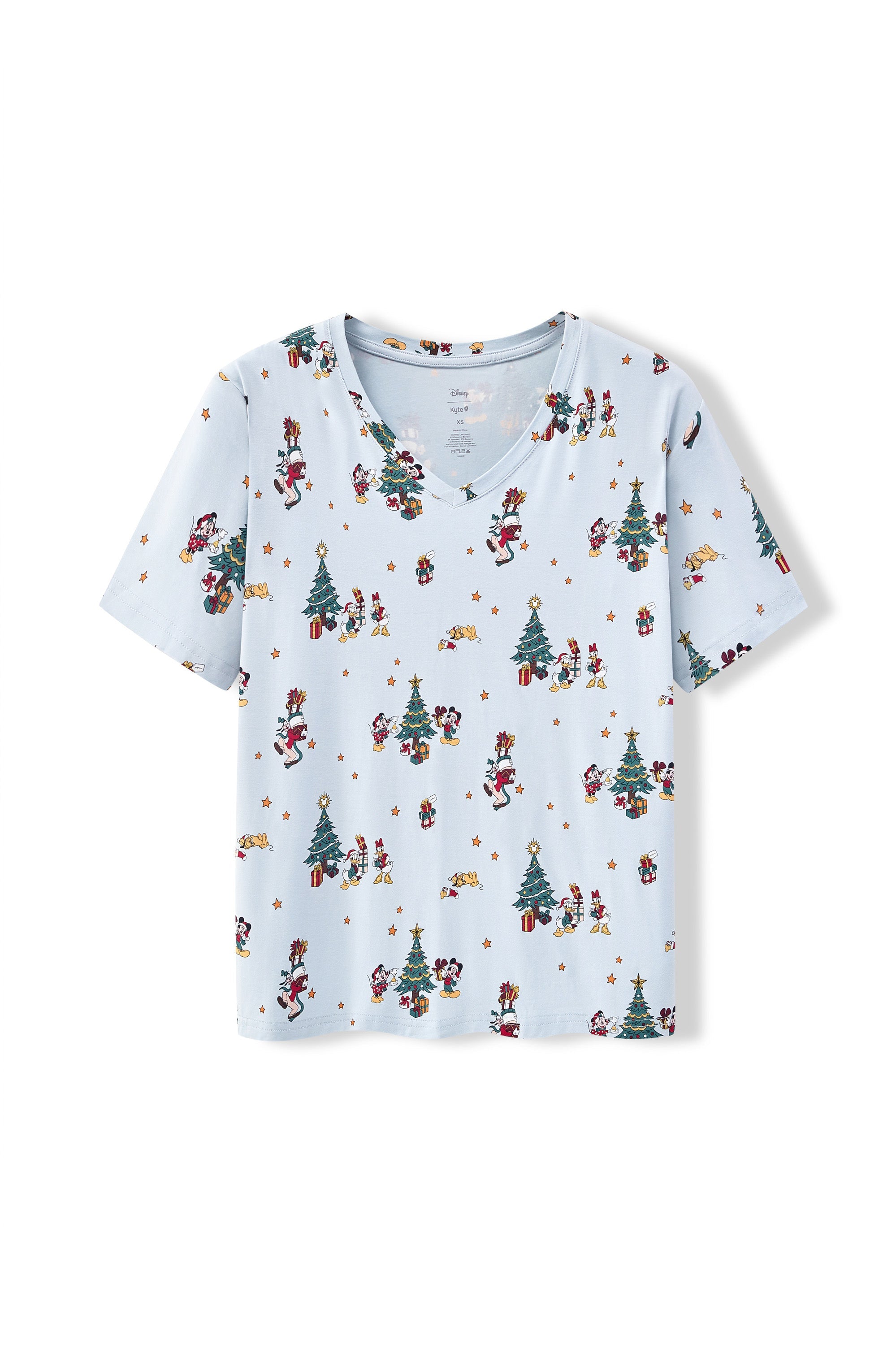 Women's Oversized V-Neck Tee in Mickey & Friends Christmas print on a white background
