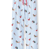 Blue Women's Lounge Pants in Holiday Pups print on a white background