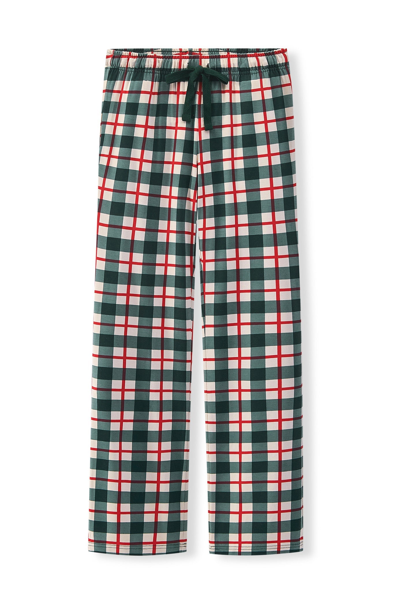 Lounge pant in holiday plaid laying flat