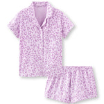 Women's Short Sleeve Pajama Set in Thistle Leopard print on white background
