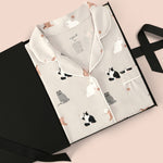 Women's Short Sleeve Pajama Set in Fluffy Cat packed in a box on a beige background