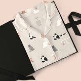 Women's Short Sleeve Pajama Set in Fluffy Cat packed in a box on a beige background