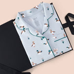 Women's Short Sleeve Pajama Set in Mallard Duck packed in a box on a beige background