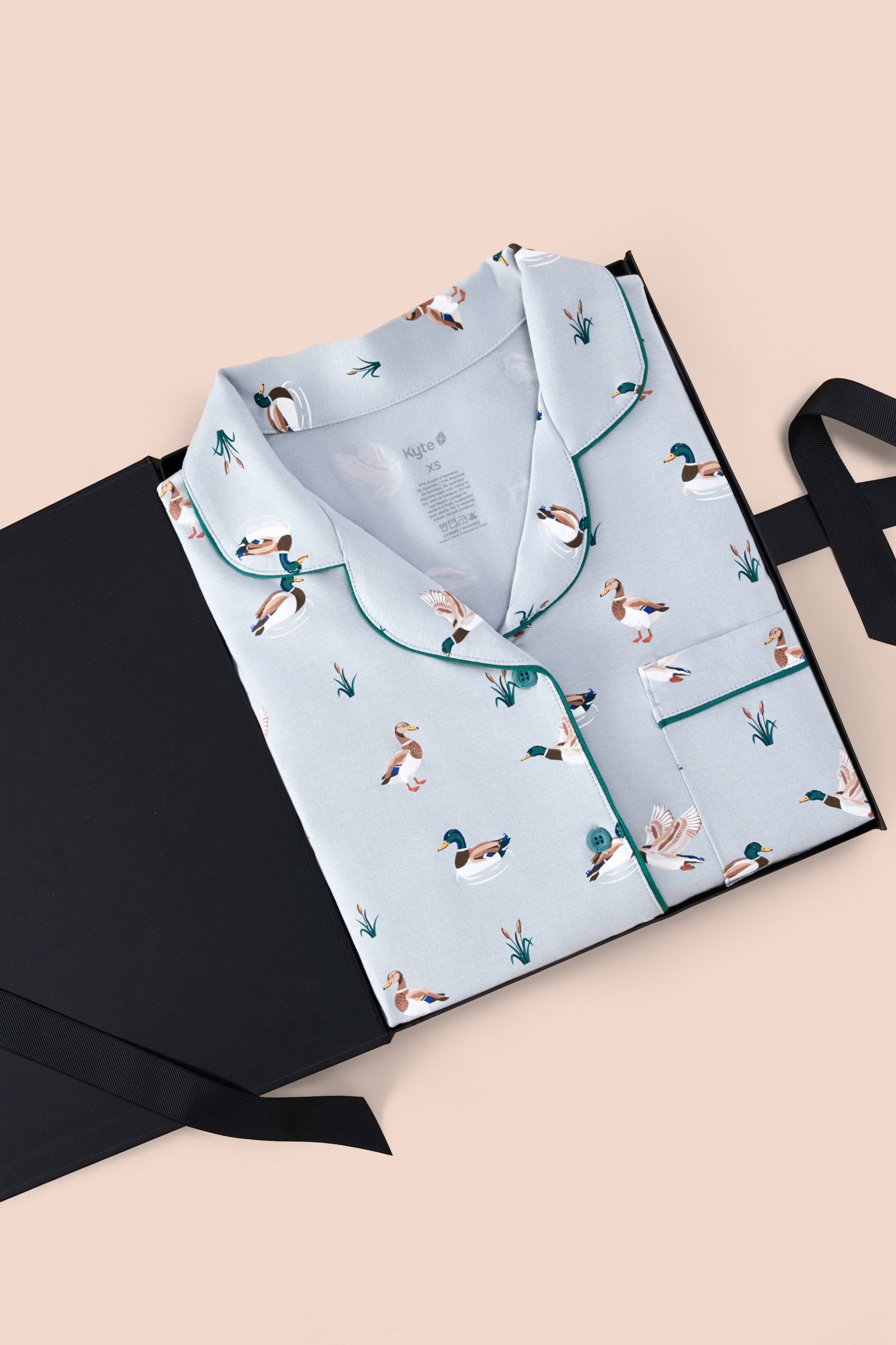 Women's Short Sleeve Pajama Set in Mallard Duck packed in a box on a beige background