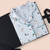 Long-Sleeved Women's Pajama Set in Mallard Duck print packed in a box on a beige background