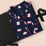Women's Short Sleeve Pajama Set in Navy Mahjong print packed in a box on a beige background