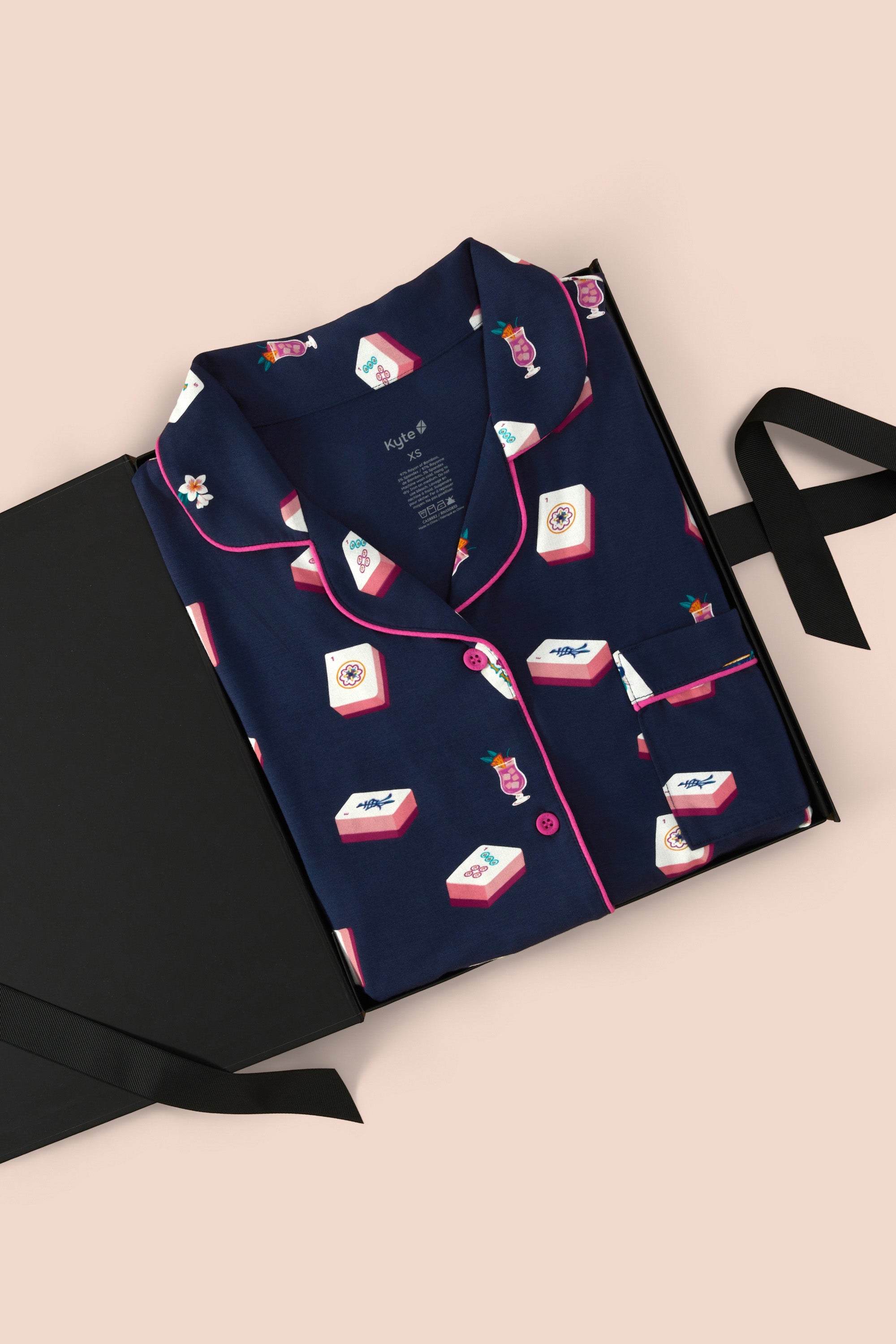 Women's Short Sleeve Pajama Set in Navy Mahjong print packed in a box on a beige background