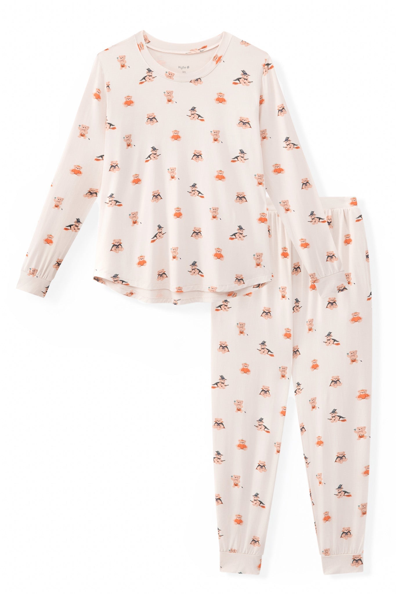 Beige Women's Jogger Pajama Set in Halloween Teddy print on a white background