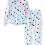 Blue Women's Jogger Pajama Set in Holiday Pups print on a white background