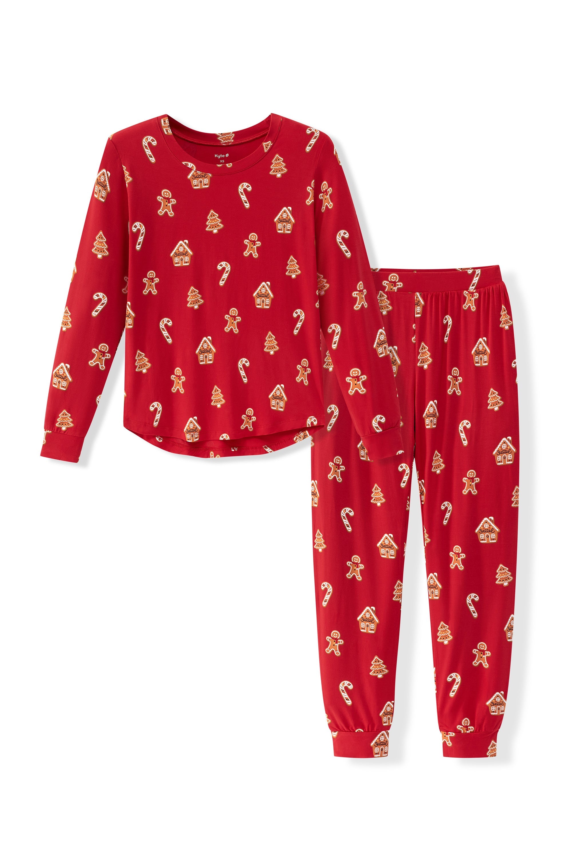 Flat lay of jogger pajama set in gingerbread
