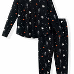 Black Women's Jogger Pajama Set in Halloween Friends print on a white background