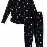 Black Women's Jogger Pajama Set in Halloween Friends print on a white background