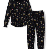 Black Women's Jogger Pajama Set in Hanukkah Nights print on a white background