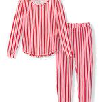 Women's Jogger Pajama Set in red and white Peppermint Stripes print on a white background