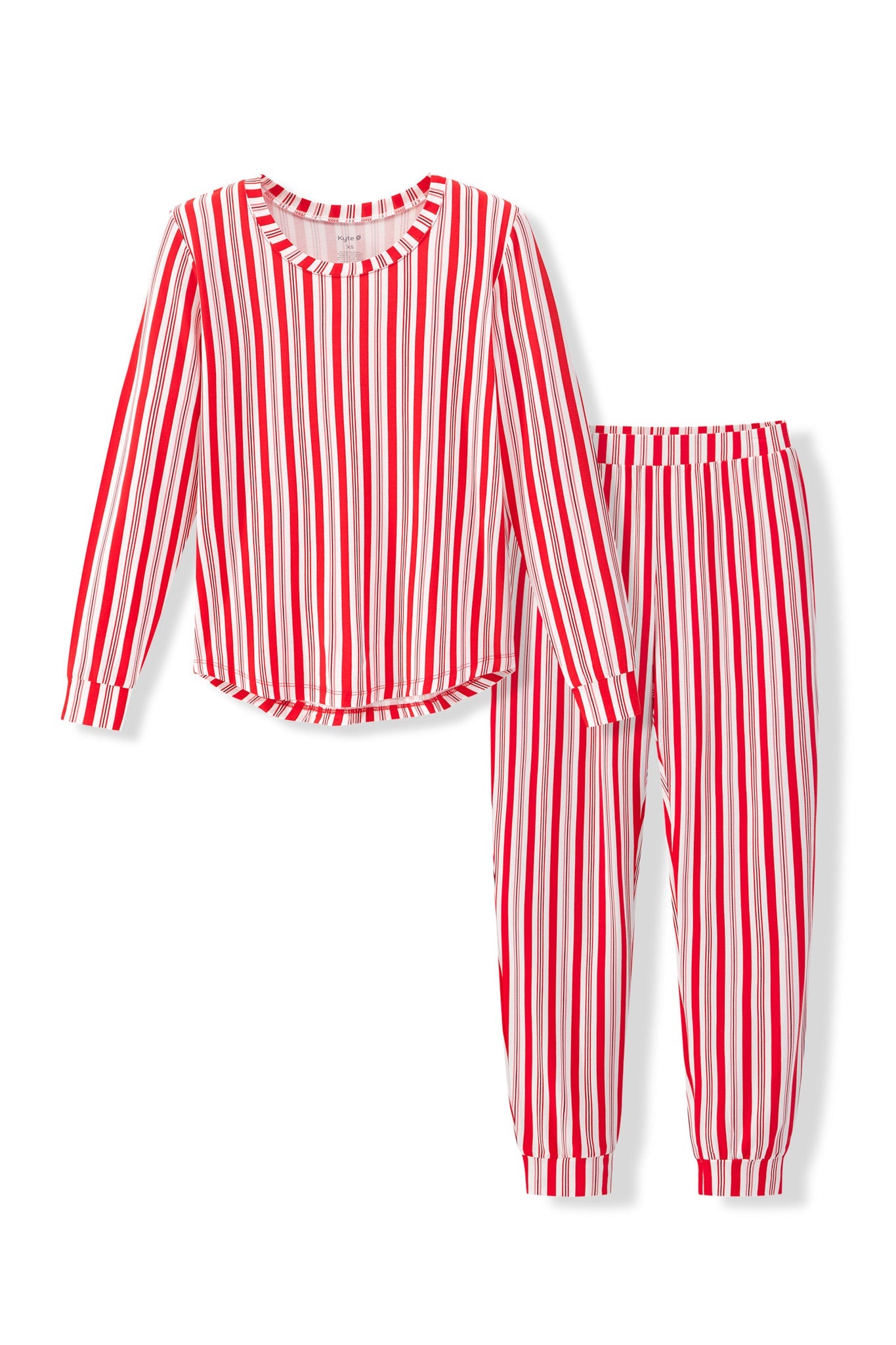 Women's Jogger Pajama Set in red and white Peppermint Stripes print on a white background