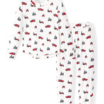 Flat lay of holiday tree farm jogger set