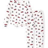 Flat lay of holiday tree farm jogger set