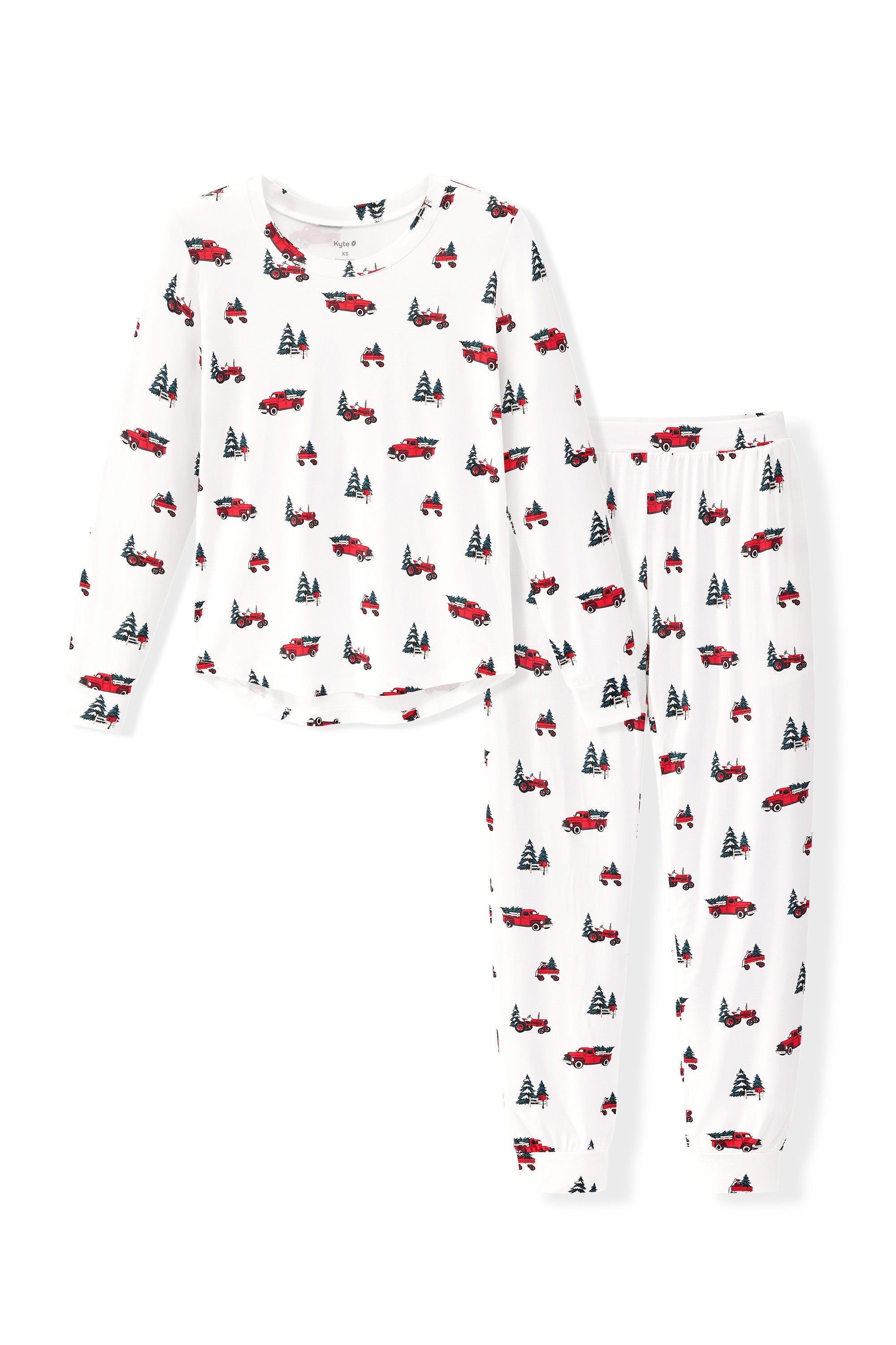 Flat lay of holiday tree farm jogger set