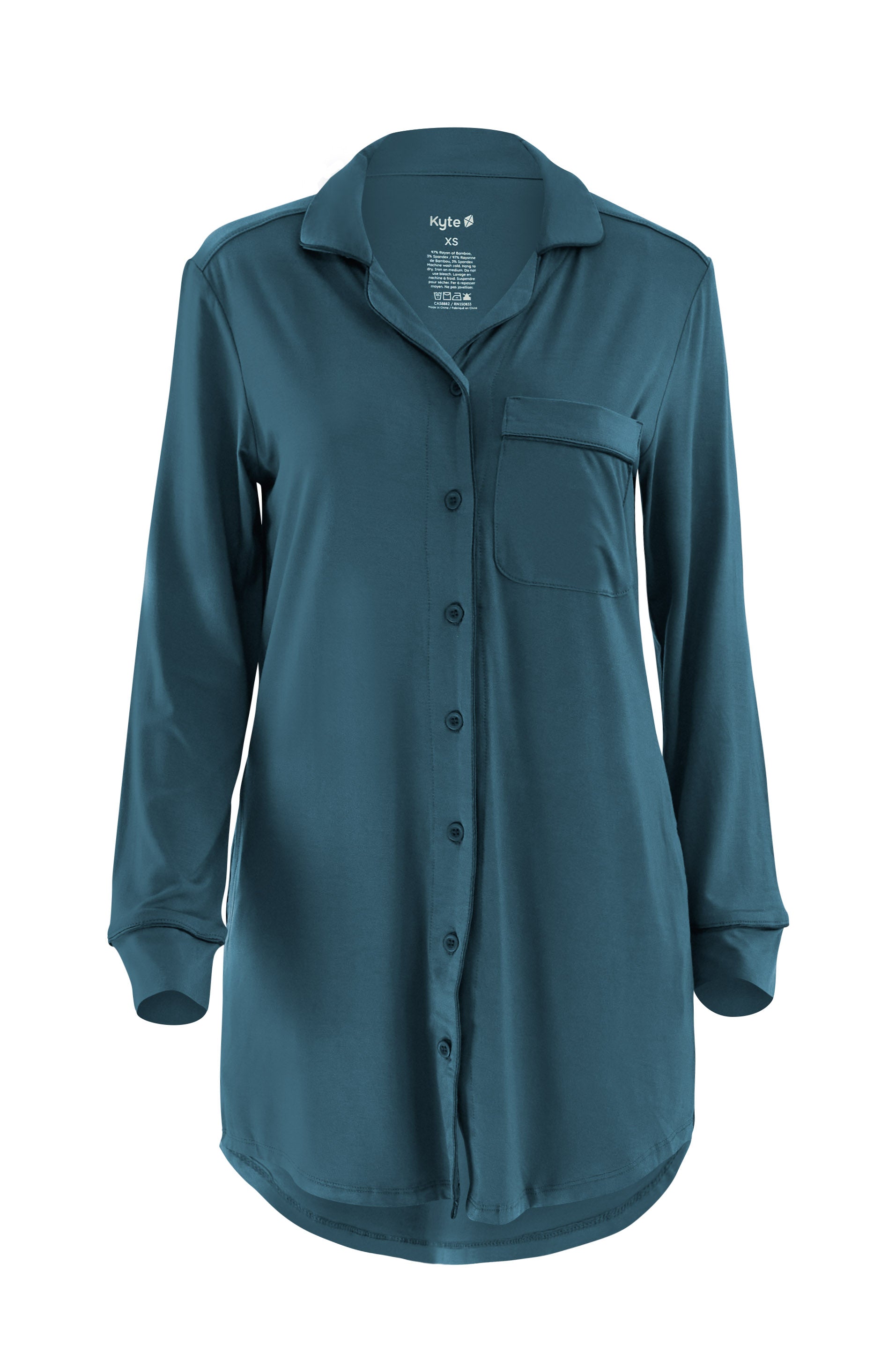 Teal button-up night shirt on a white background