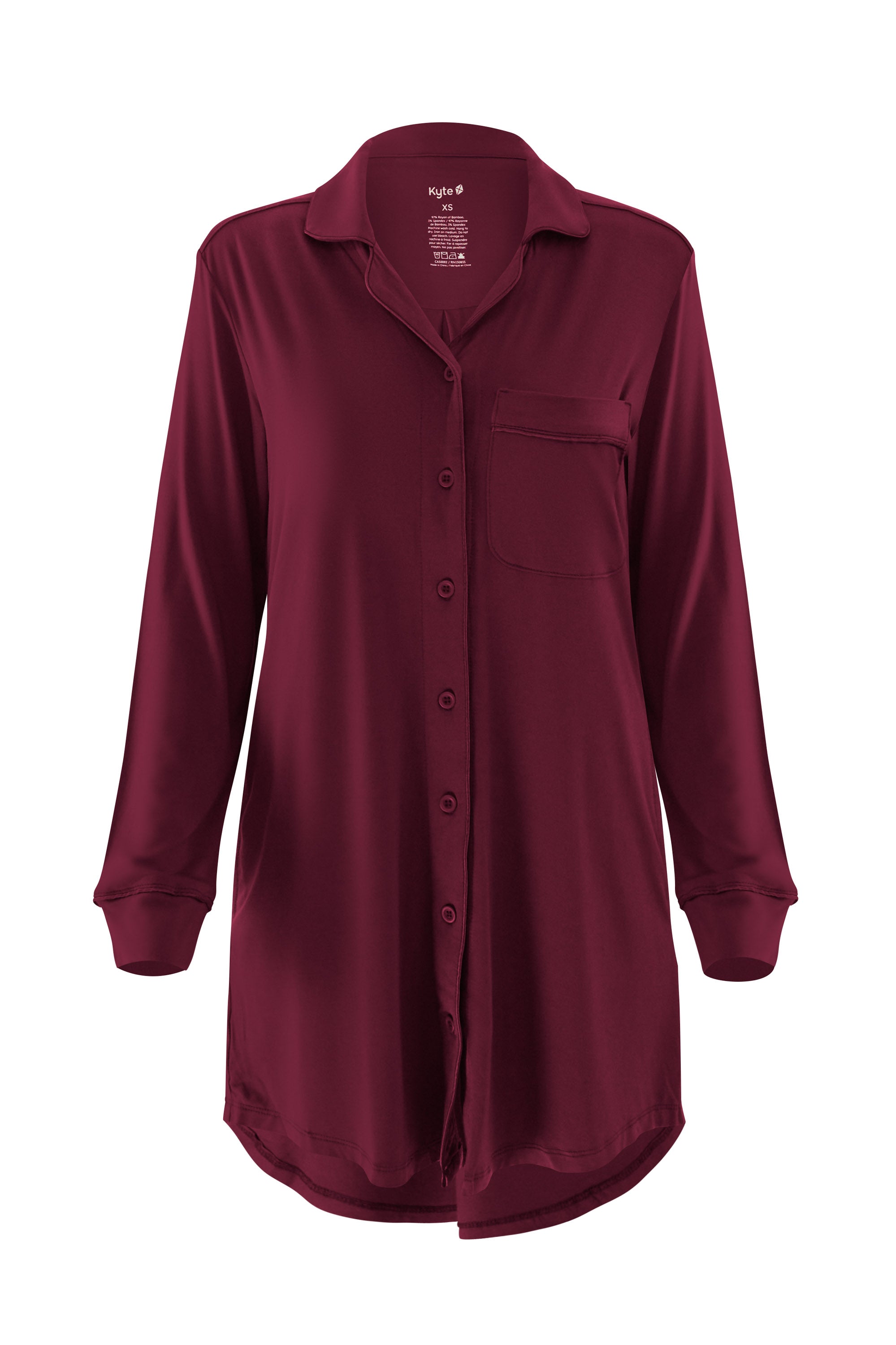 Burgundy night shirt with buttons on a white background