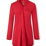 A bright red long-sleeve button-up shirt with a pointed collar and a single chest pocket, displayed on a clean white background.