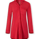 A bright red long-sleeve button-up shirt with a pointed collar and a single chest pocket, displayed on a clean white background.