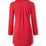 A red long-sleeve collared shirt dress with a subtle pleated detail at the center back, shown from the back on a white background.
