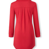 A red long-sleeve collared shirt dress with a subtle pleated detail at the center back, shown from the back on a white background.