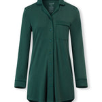 A dark green long-sleeve button-up shirt dress with a collar and a chest pocket, displayed on a clean white background.