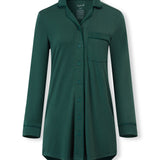 A dark green long-sleeve button-up shirt dress with a collar and a chest pocket, displayed on a clean white background.