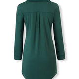 A dark green long-sleeve tunic top with a pointed collar and a subtle center back pleat detail, shown from the back on a white background.