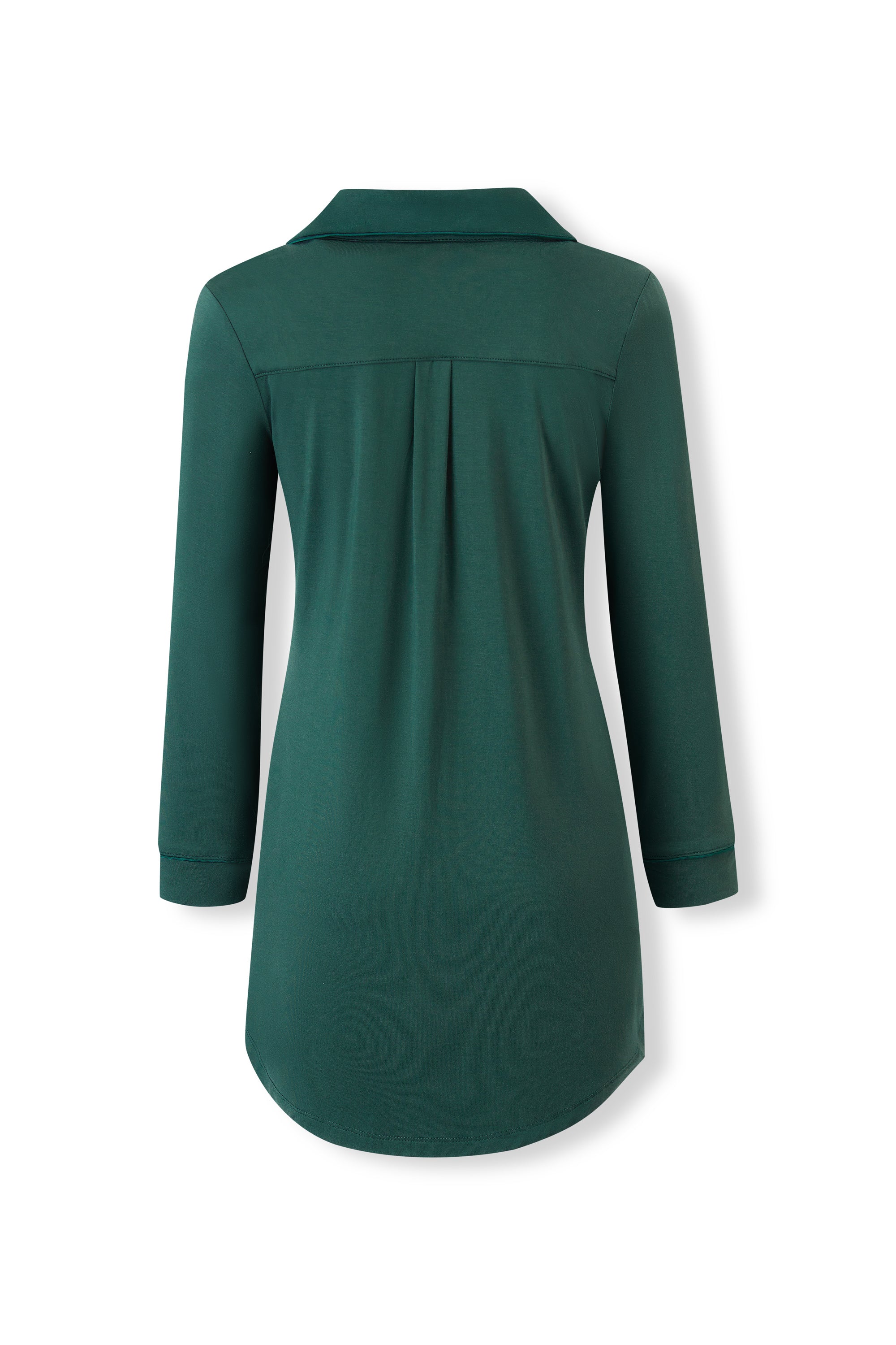 A dark green long-sleeve tunic top with a pointed collar and a subtle center back pleat detail, shown from the back on a white background.