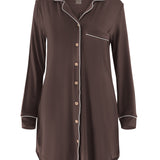 Brown nightshirt with white piping on a white background