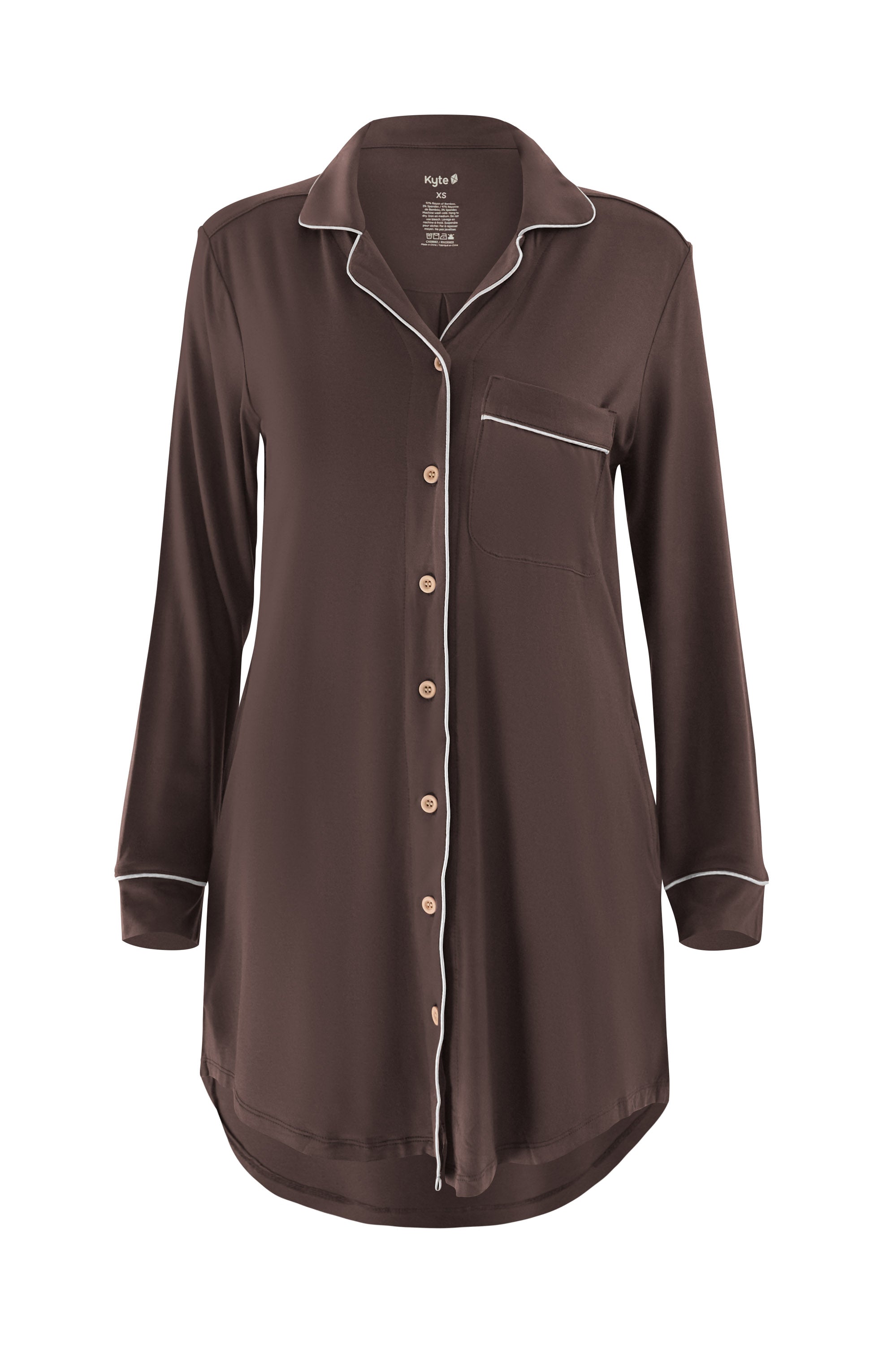 Brown nightshirt with white piping on a white background