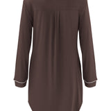 Brown long-sleeve shirt with white trim on a white background
