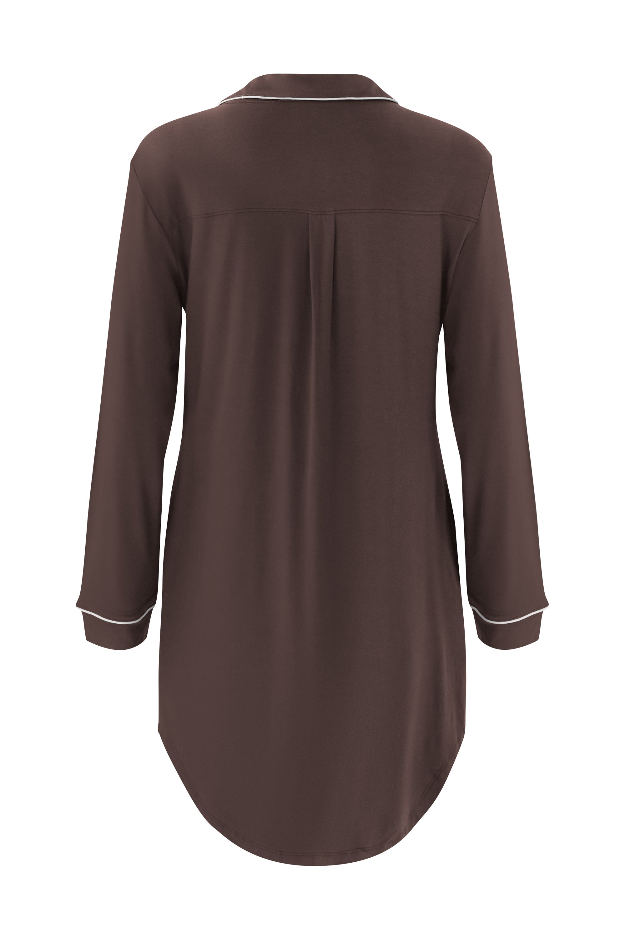 Brown long-sleeve shirt with white trim on a white background