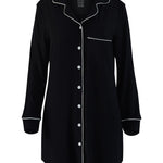 Black nightshirt with white piping on a white background