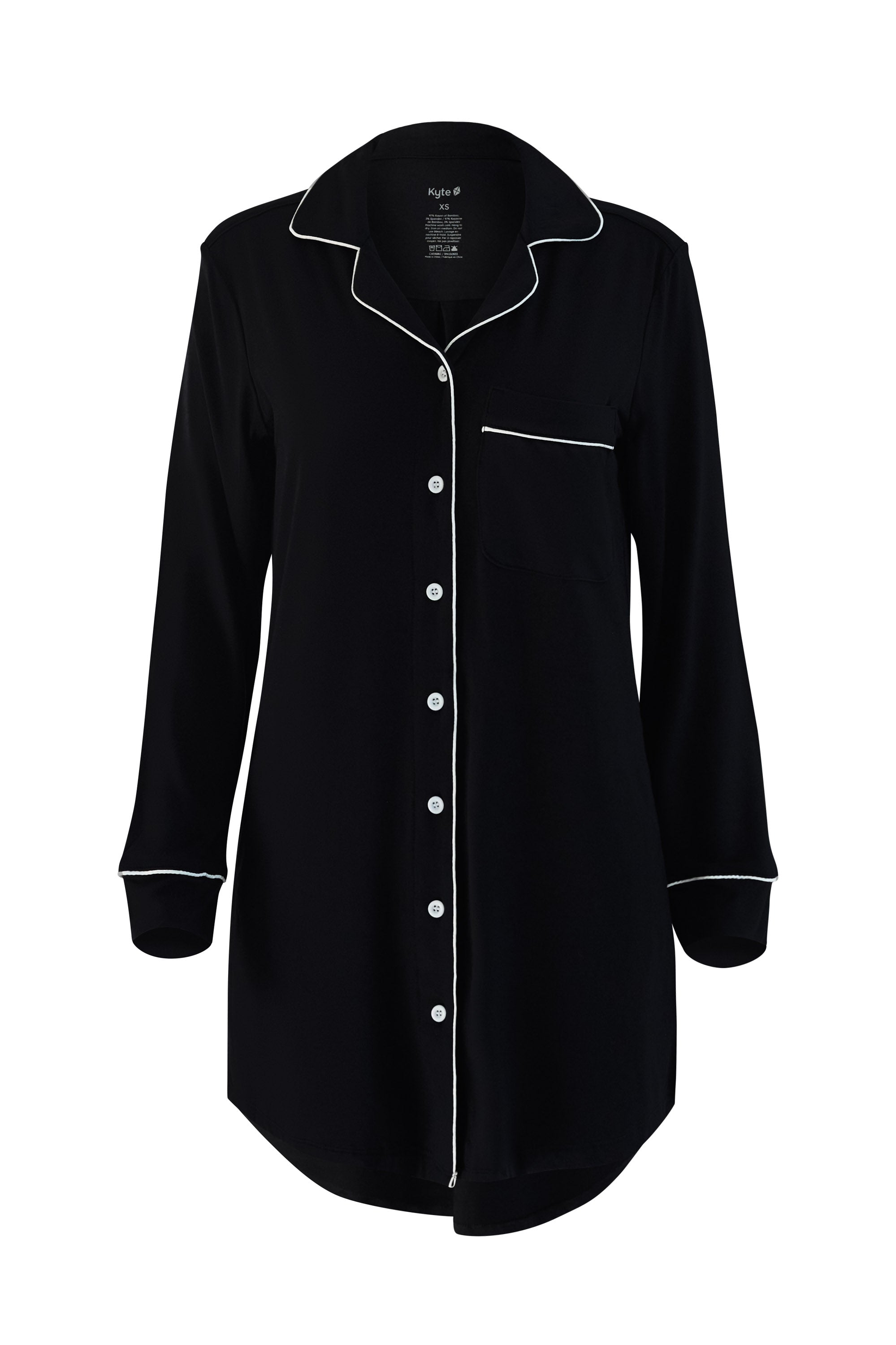 Black nightshirt with white piping on a white background